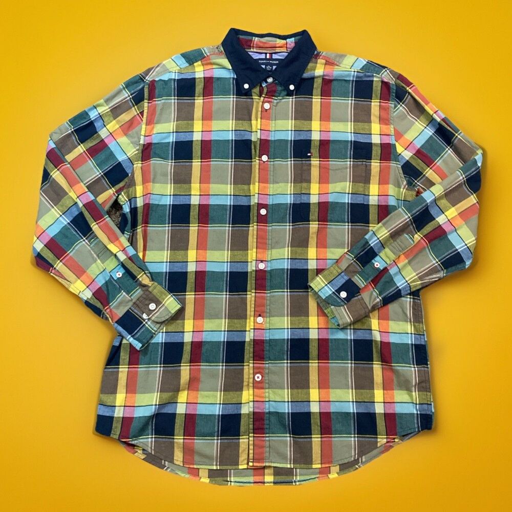 Tommy Hilfiger Mens Long Sleeve The Flex Button Down Shirt Madras Plaid XL